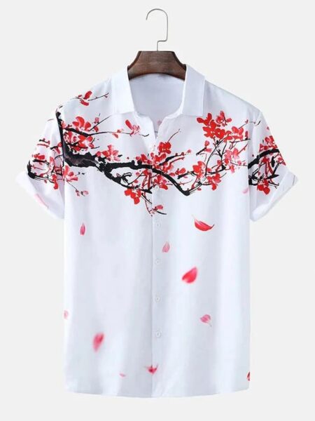 Chemise blanche à manches courtes avec fleurs de cerisiers pour homme