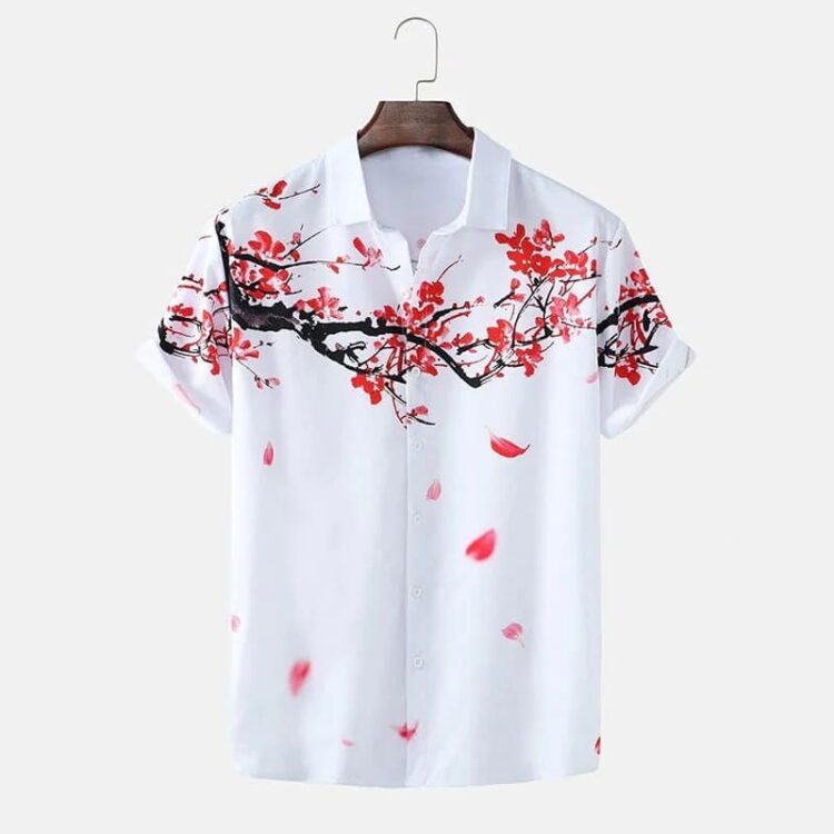 Chemise blanche à manches courtes avec fleurs de cerisiers pour homme