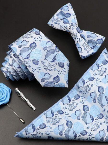 Ensemble cravate Jacquard en Polyester pour homme avec nœud papillon et mouchoir bleu