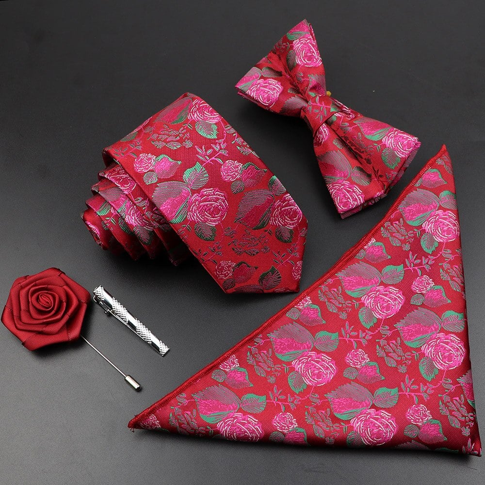 Ensemble cravate Jacquard en Polyester pour homme avec nœud papillon et mouchoir rouge