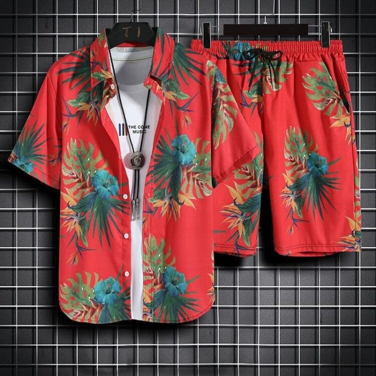 Ensemble fleuri de plage rouge pour homme