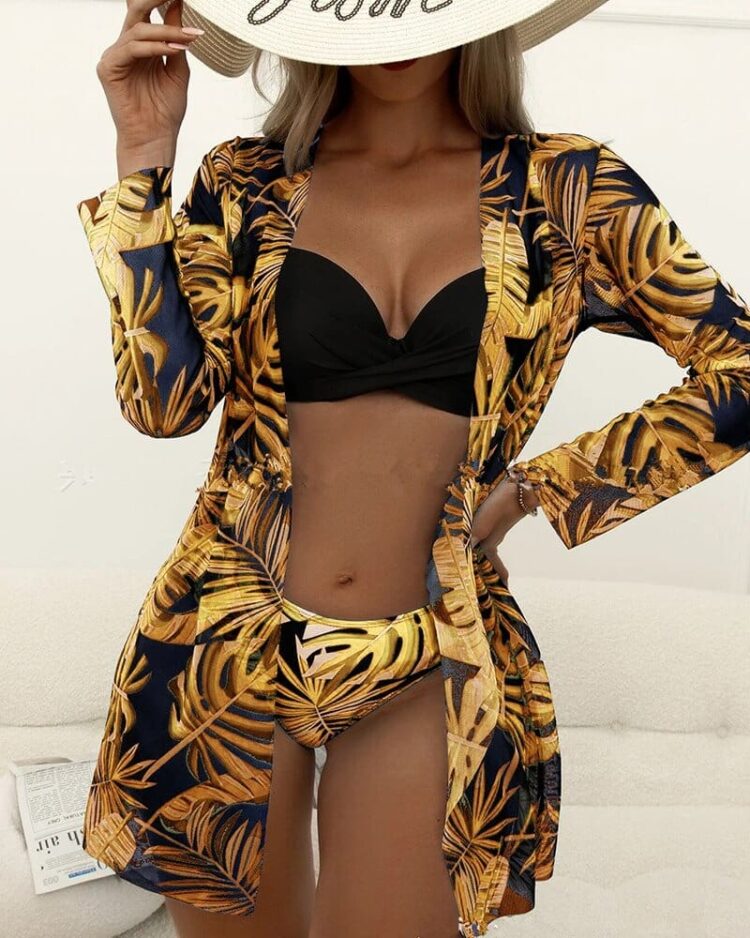 Ensemble de plage fleuri trois pièces pour femme noir et jaune