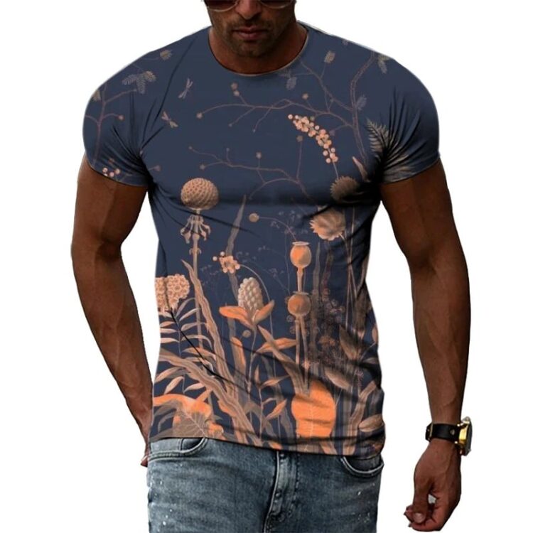 T-shirt fleuri manches courtes col rond pour homme bleu et orange