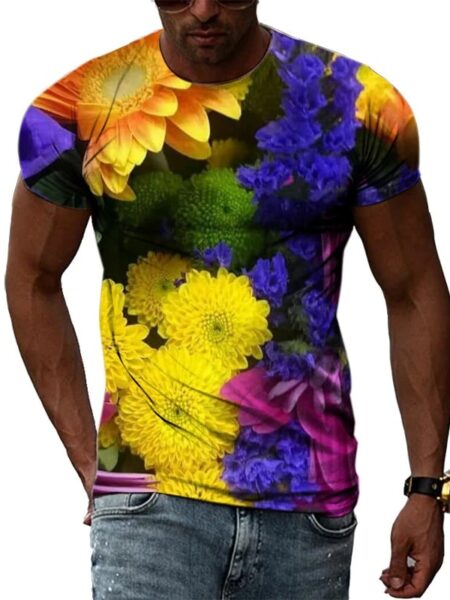 T-shirt fleuri manches courtes col rond pour homme fleurs colorées