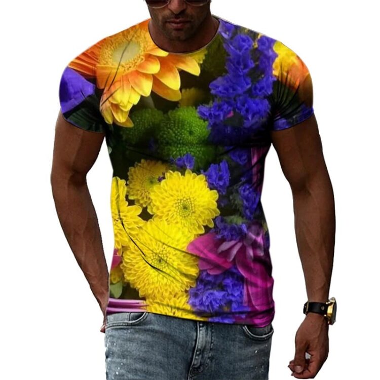 T-shirt fleuri manches courtes col rond pour homme fleurs colorées