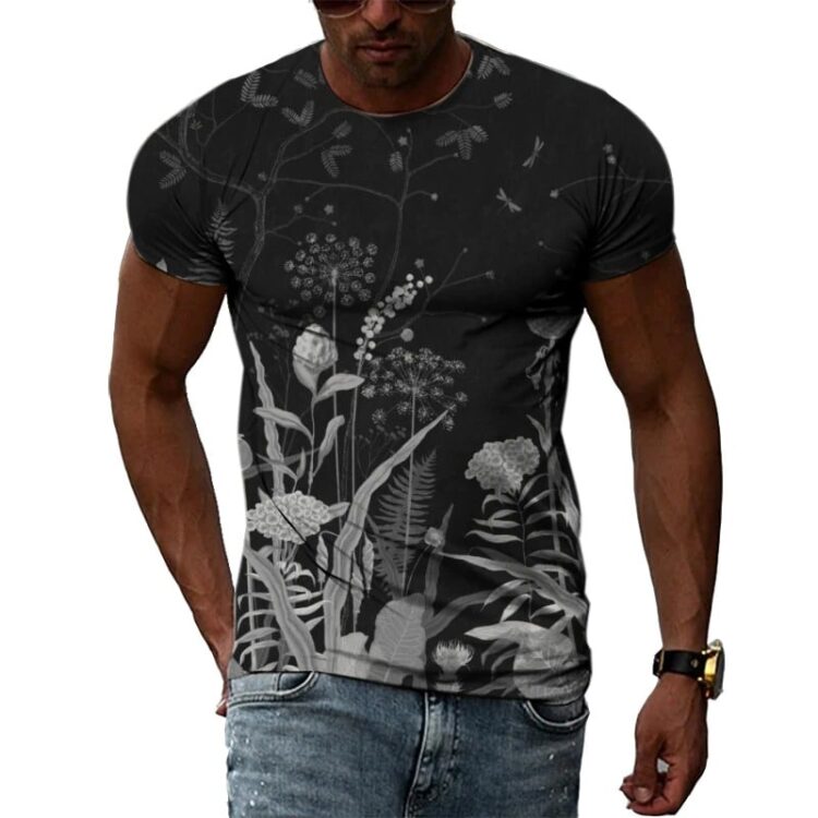 T-shirt fleuri manches courtes col rond pour homme noir et gris