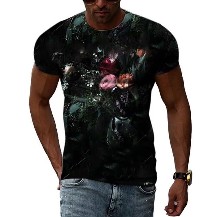 T-shirt fleuri manches courtes col rond pour homme noir petites fleurs