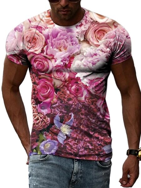T-shirt fleuri manches courtes col rond pour homme rose