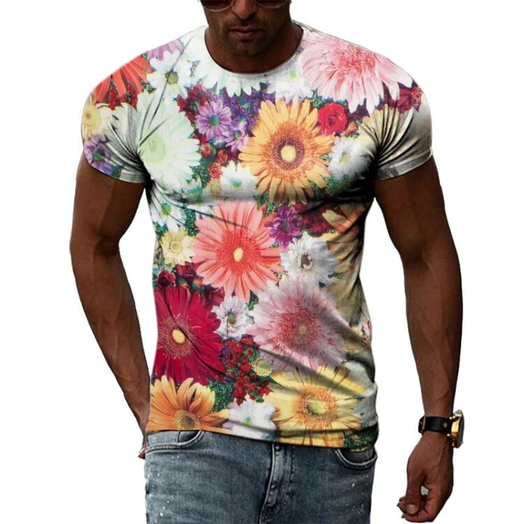 T-shirt fleuri manches courtes col rond pour homme soucis