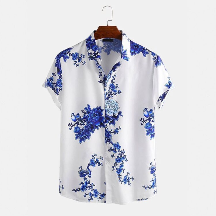 Chemise blanche fleurs bleues pour homme