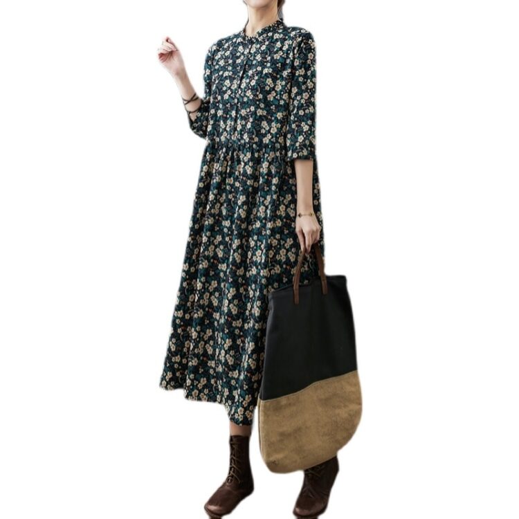 Robe vintage en coton et lin à manches longues pour femme vert robe vintage en coton et lin a manches longues pour femme vert 3