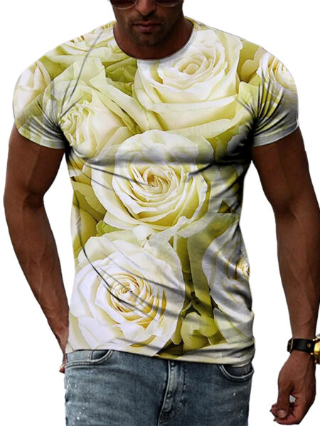 T-shirt fleuri manches courtes col rond pour homme avec motif de roses blanches
