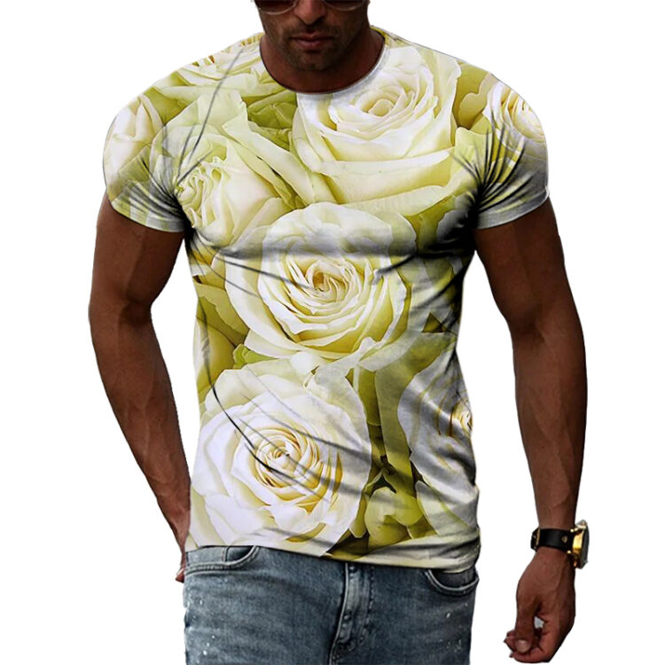 T-shirt fleuri manches courtes col rond pour homme avec motif de roses blanches