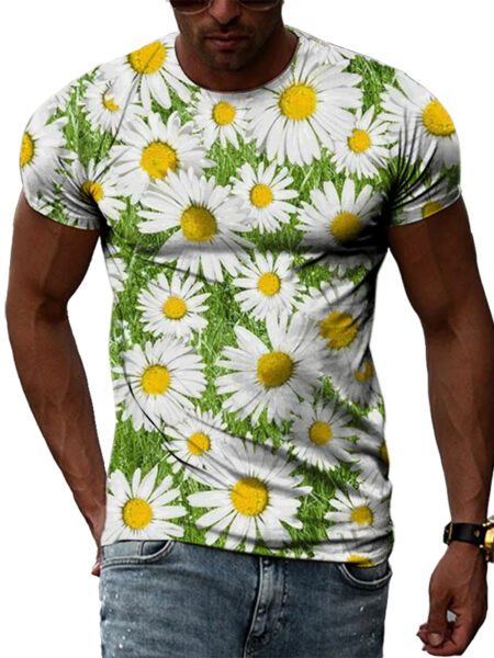 T-shirt fleuri manches courtes col rond pour homme avec des motifs de marguerites