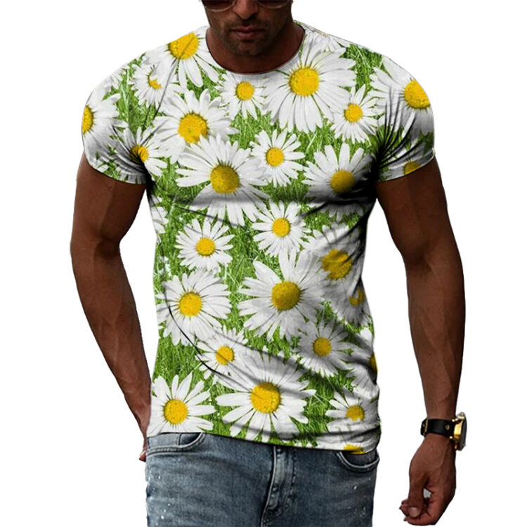 T-shirt fleuri manches courtes col rond pour homme avec des motifs de marguerites