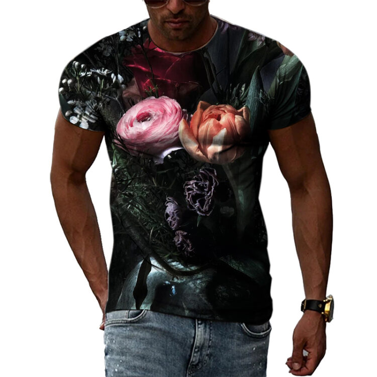 T-shirt fleuri manches courtes col rond pour homme noir